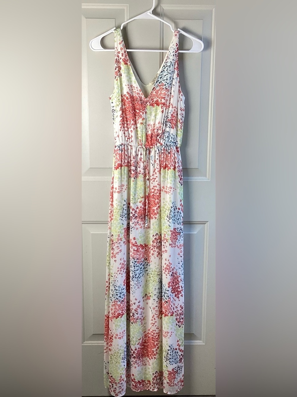 Lucky Brand White Floral Maxi Dress with Coral, Yellow & Blue Accents